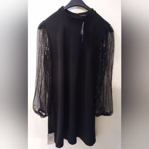 Le Château Elegant Black Mini Dress – Keyhole Back, Long Sheer Sequin Sleeves XL